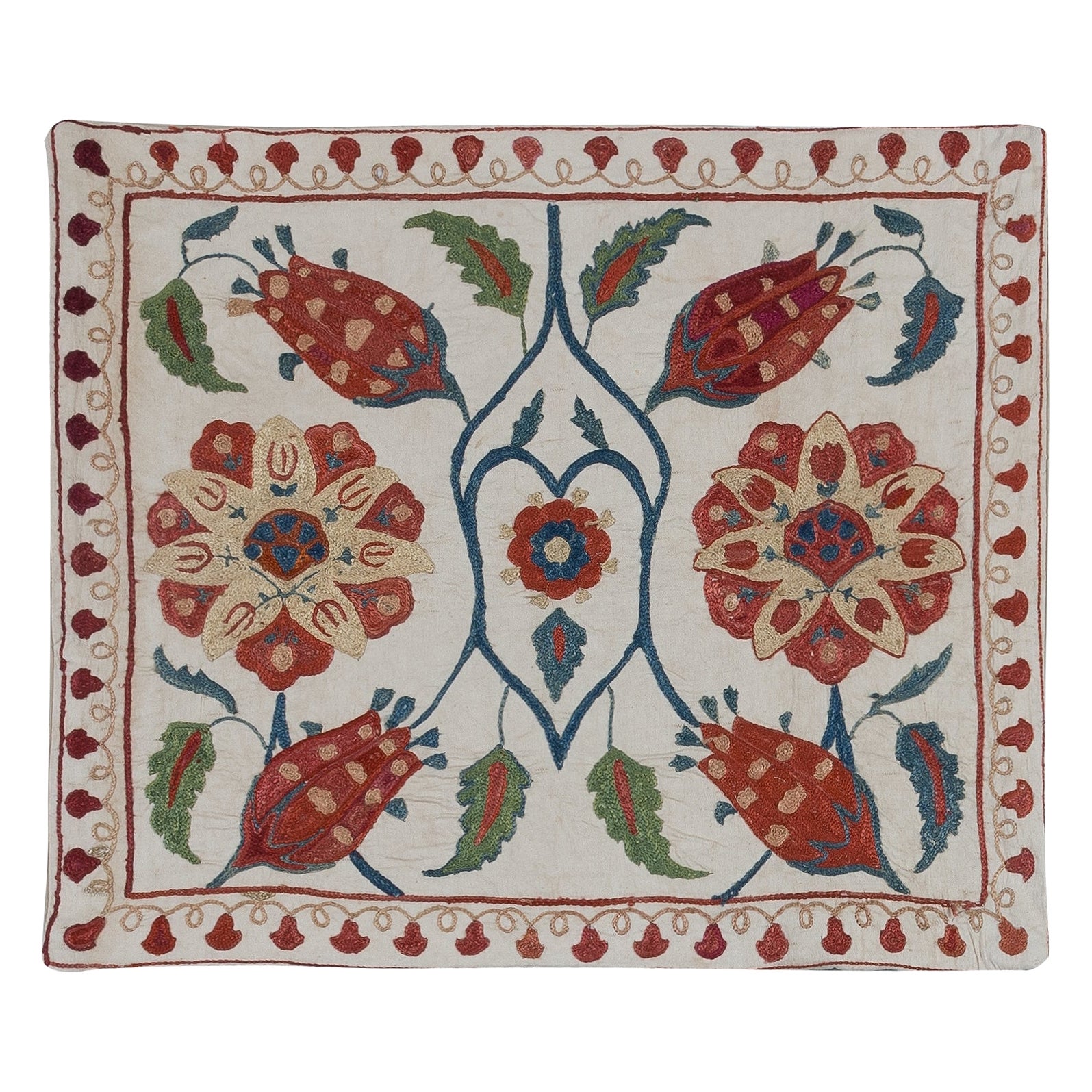 19"x22" 100% Silk Handmade Cushion Cover, Embroidered Uzbek Suzani Lace Pillow