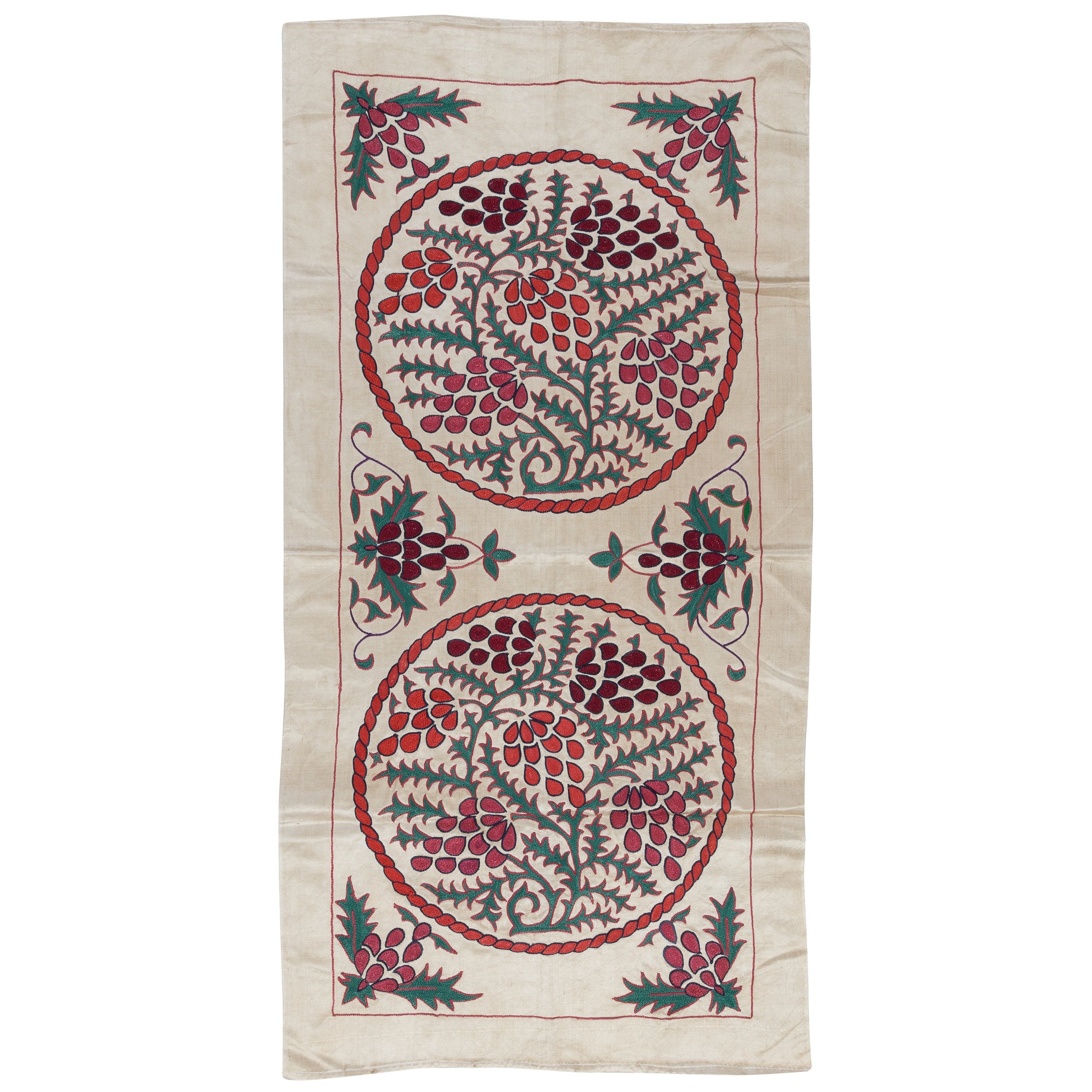 21"x42" Embroidered 100% Silk Wall Hanging, Suzani Wall Decor, Uzbek Tablecloth For Sale
