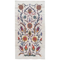 Antique 21"x41" 100% Silk Wall Hanging with Floral Design, Embroidered Uzbek Tapestry
