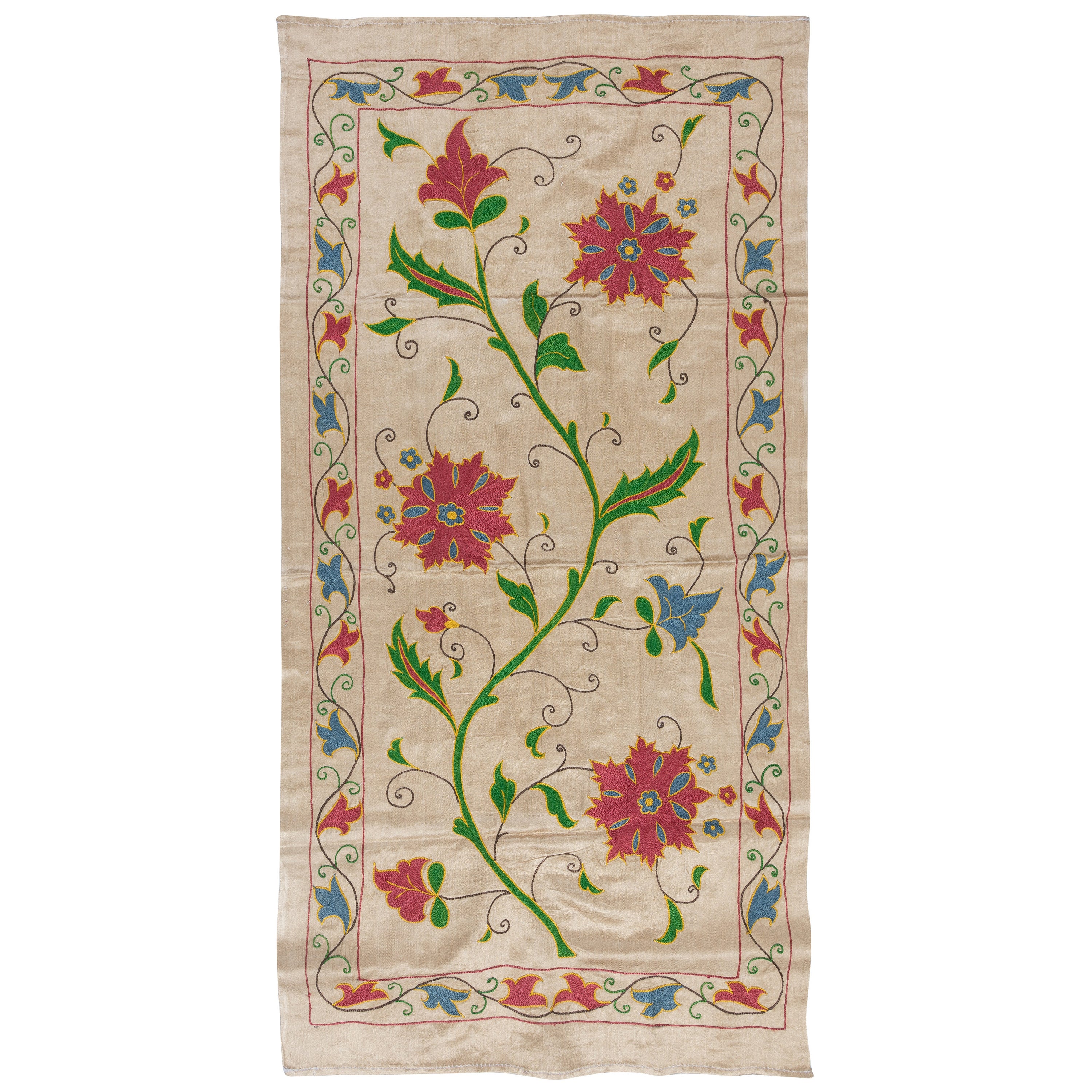 21"x41" Embroidered 100% Silk Wall Hanging, Suzani Wall Art, Uzbek Tapestry
