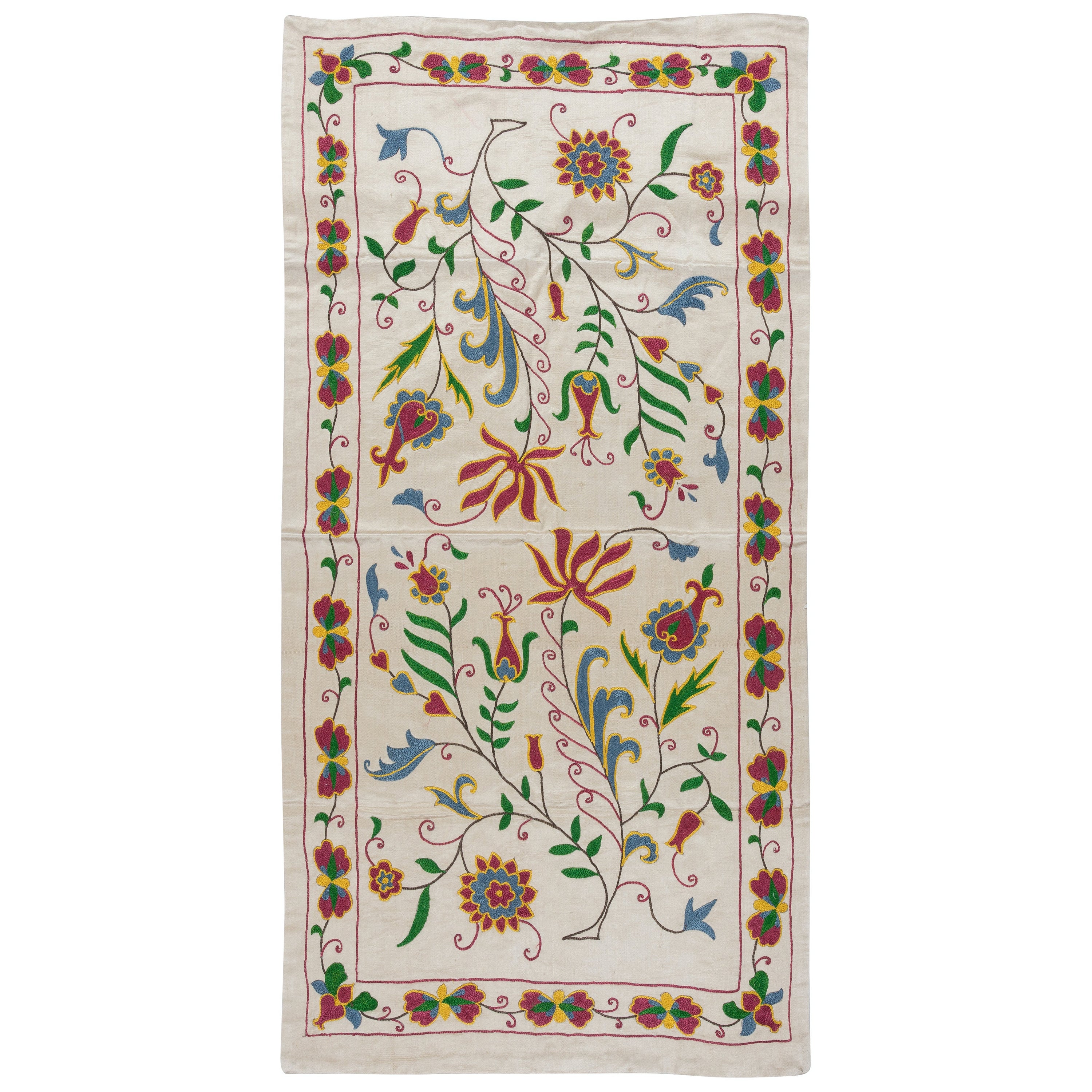 20"x40" Modern 100% Silk Embroidered Suzani Wall Hanging, New Uzbek Table Cover For Sale