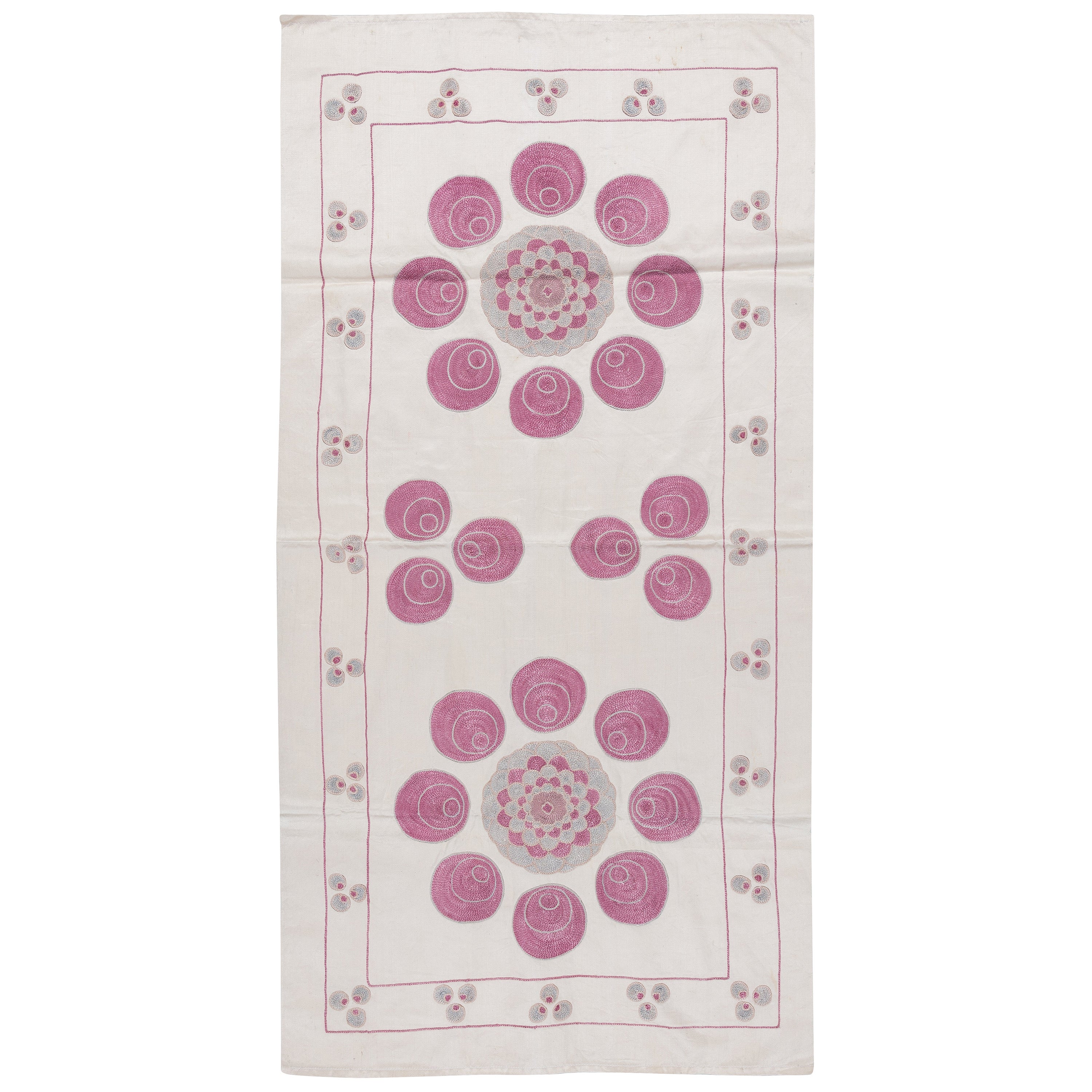 22"x42" 100% Silk Uzbek Wall Hanging, Suzani Embroidered Tapestry in Pink, Cream For Sale