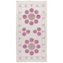 22"x42" 100% Silk Uzbek Wall Hanging, Suzani Embroidered Tapestry in Pink, Cream