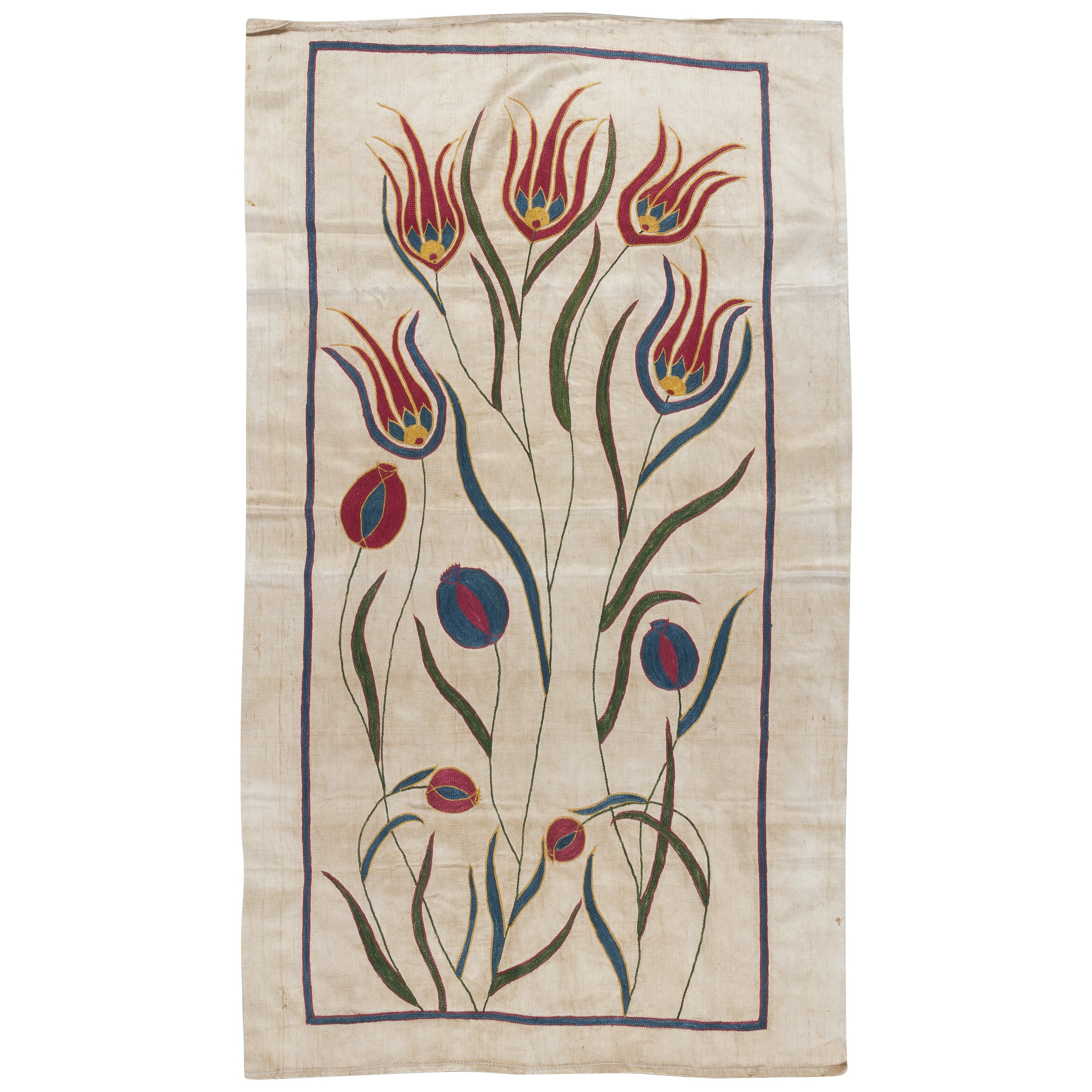 23"x39" Modern 100% Silk Embroidered Suzani Wall Hanging, Uzbek Tablecloth For Sale