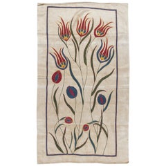 Antique 23"x39" Modern 100% Silk Embroidered Suzani Wall Hanging, Uzbek Tablecloth