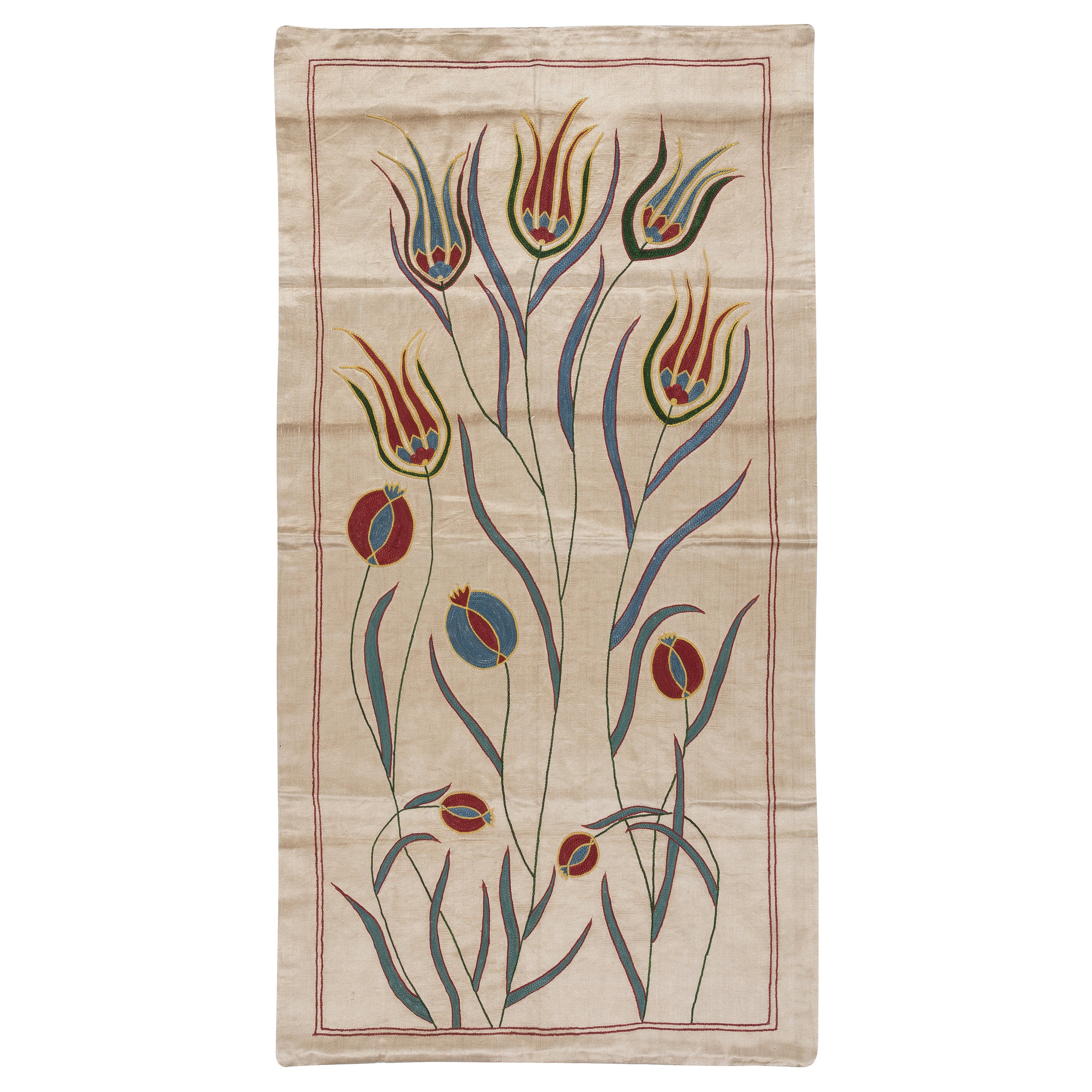 21"x39" Uzbek 100% Silk Hand Embroidered Suzani Wall Hanging, Boho Wall Decor For Sale