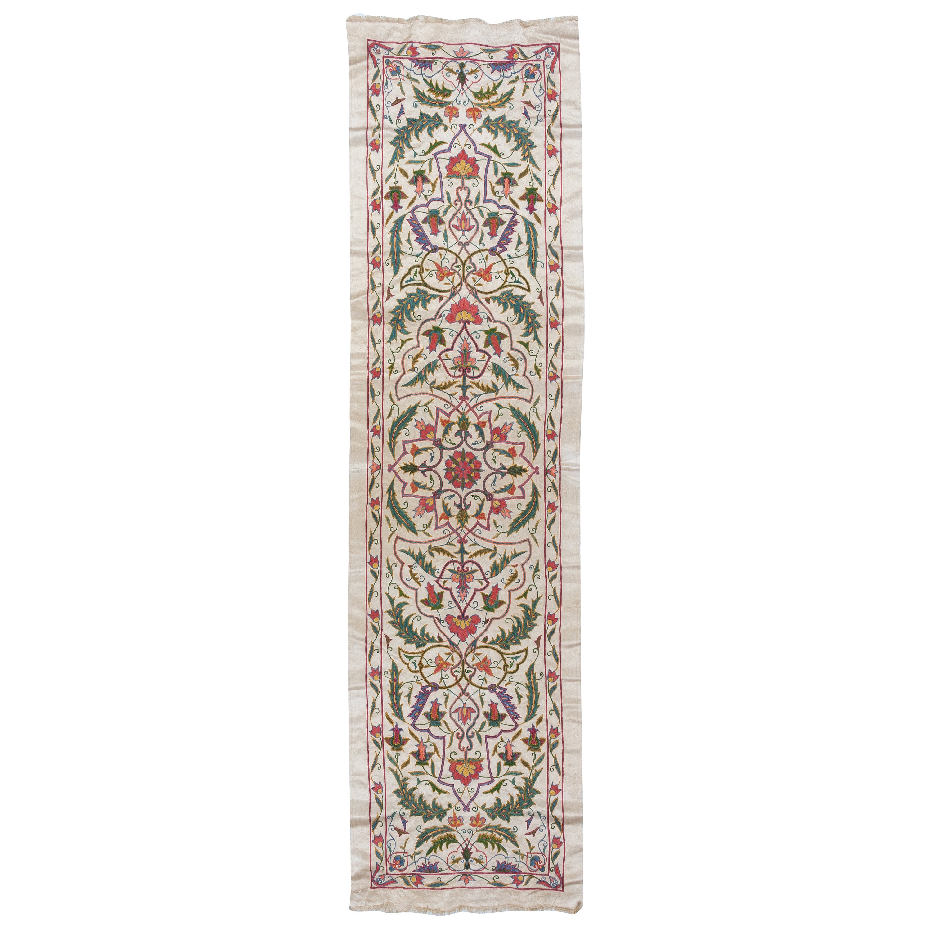 1.7x6.4 ft Embroidered All Silk Runner, Suzani Wall Hanging, Uzbek Bedspread