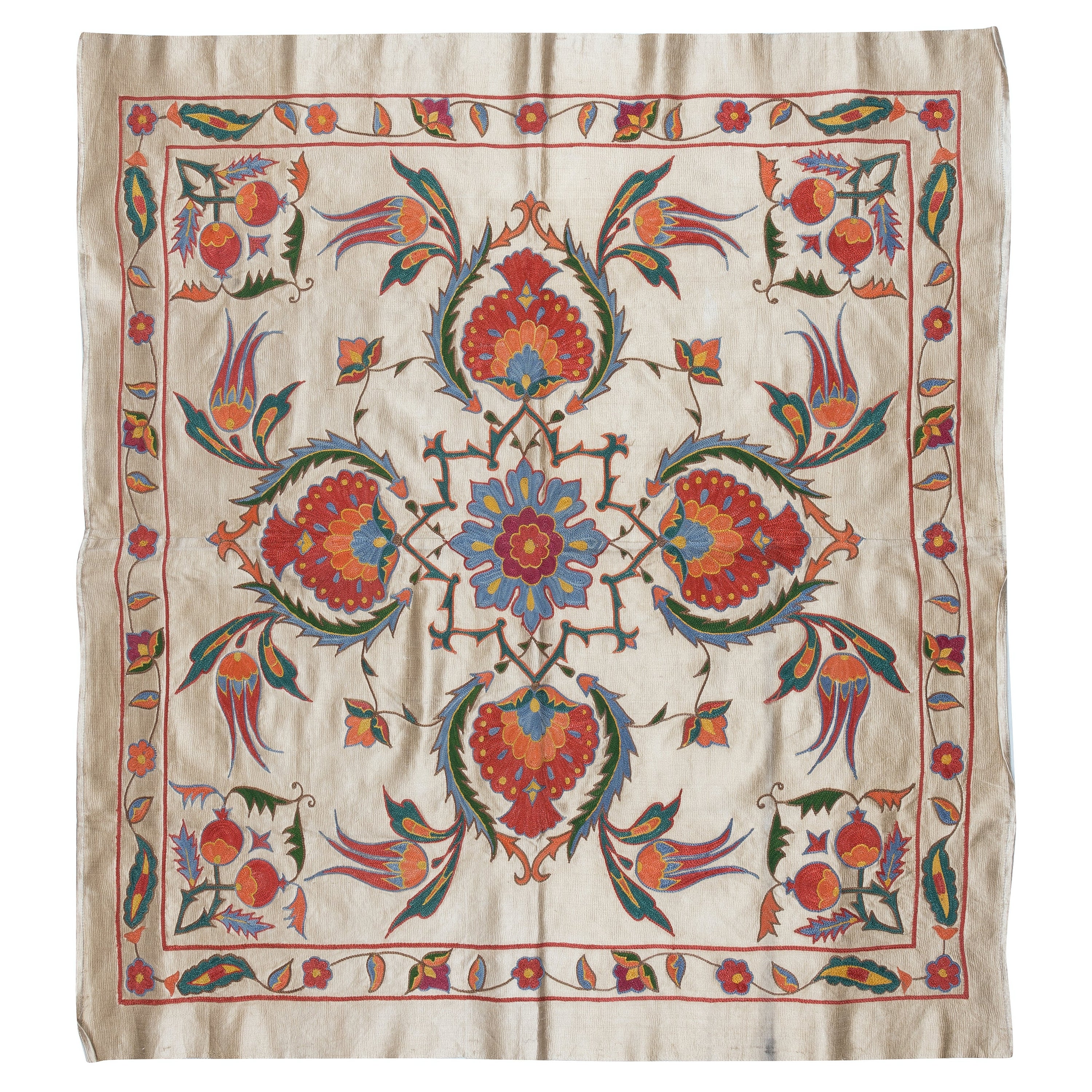 36"x39" 100% soie brodée à la main, couverture de lit ouzbeke, décoration murale en vente