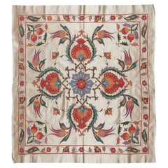Antique 36"x39" 100% Silk Hand Embroidered Wall Hanging, Uzbek Bed Cover, Wall Decor