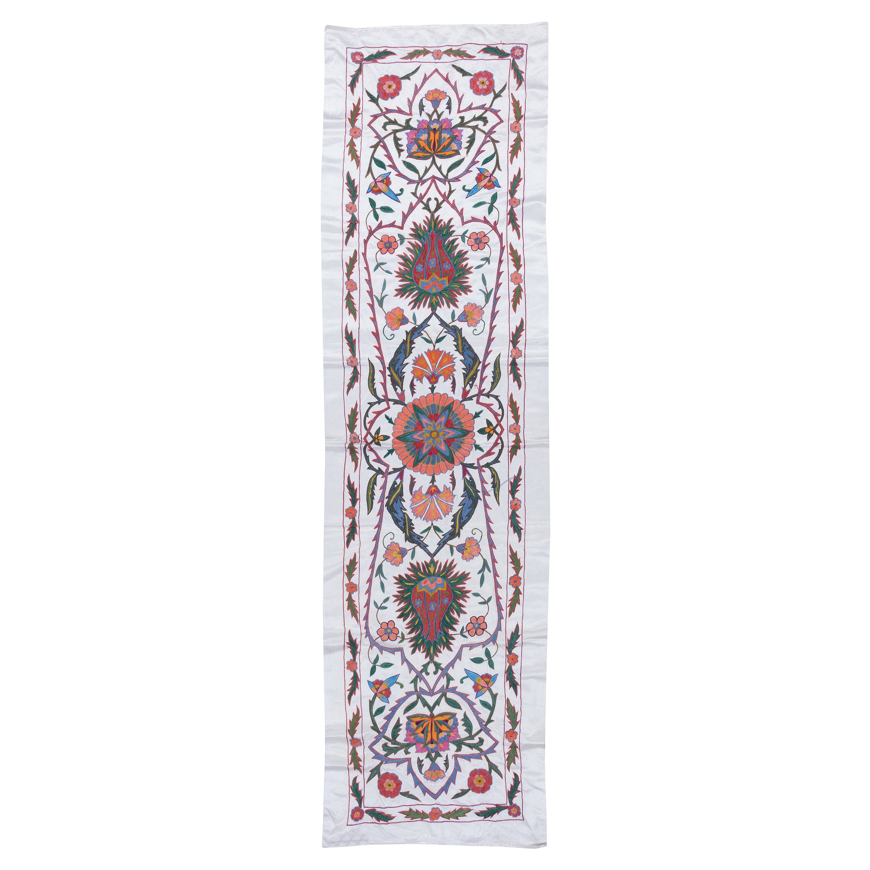 1.8x6.5 ft 100% Silk Table Runner, Hand Embroidered Wall Hanging, Uzbek Tapestry For Sale