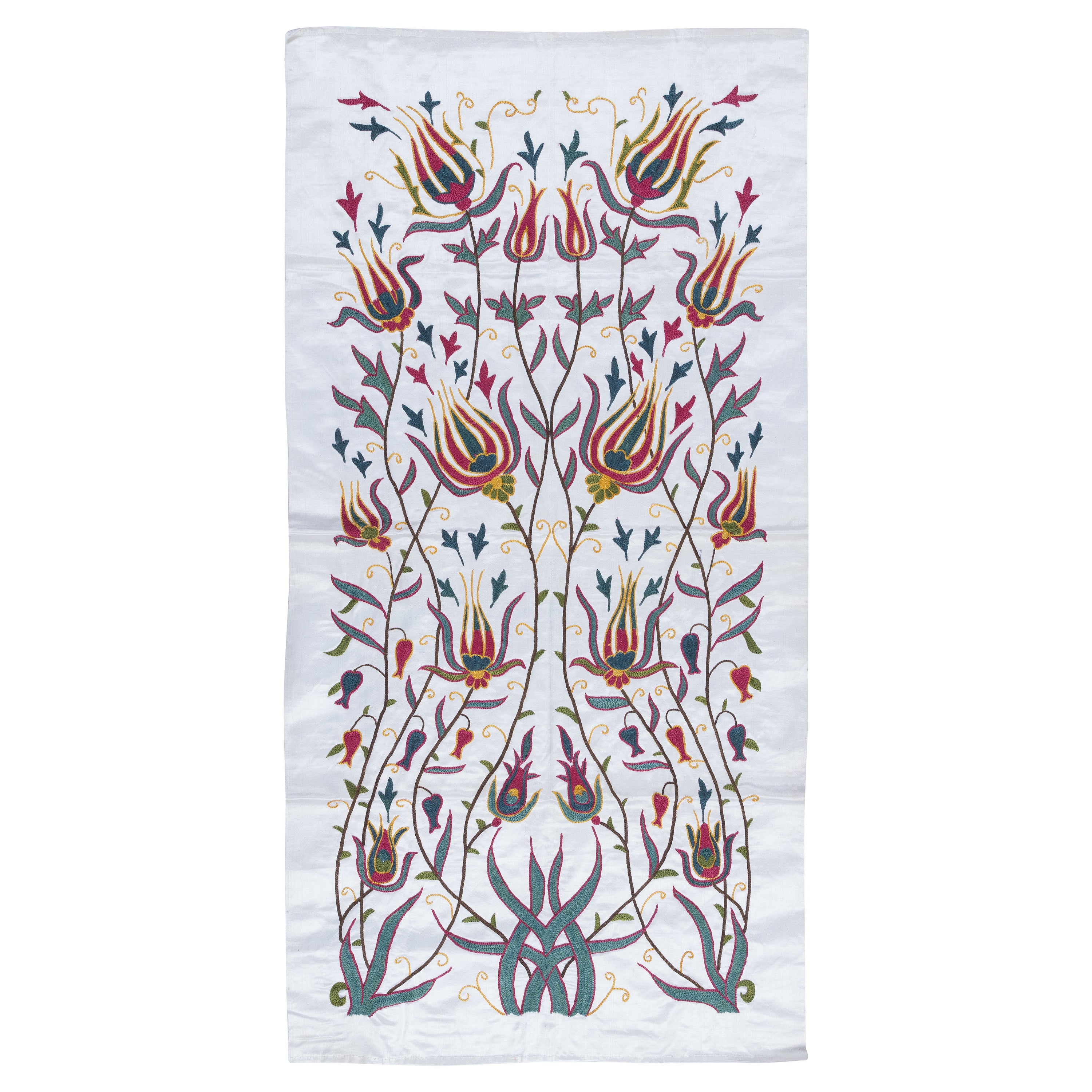 22"x43" Embroidered 100% Silk Wall Hanging, Boho Wall Decor, Handmade Tablecloth For Sale