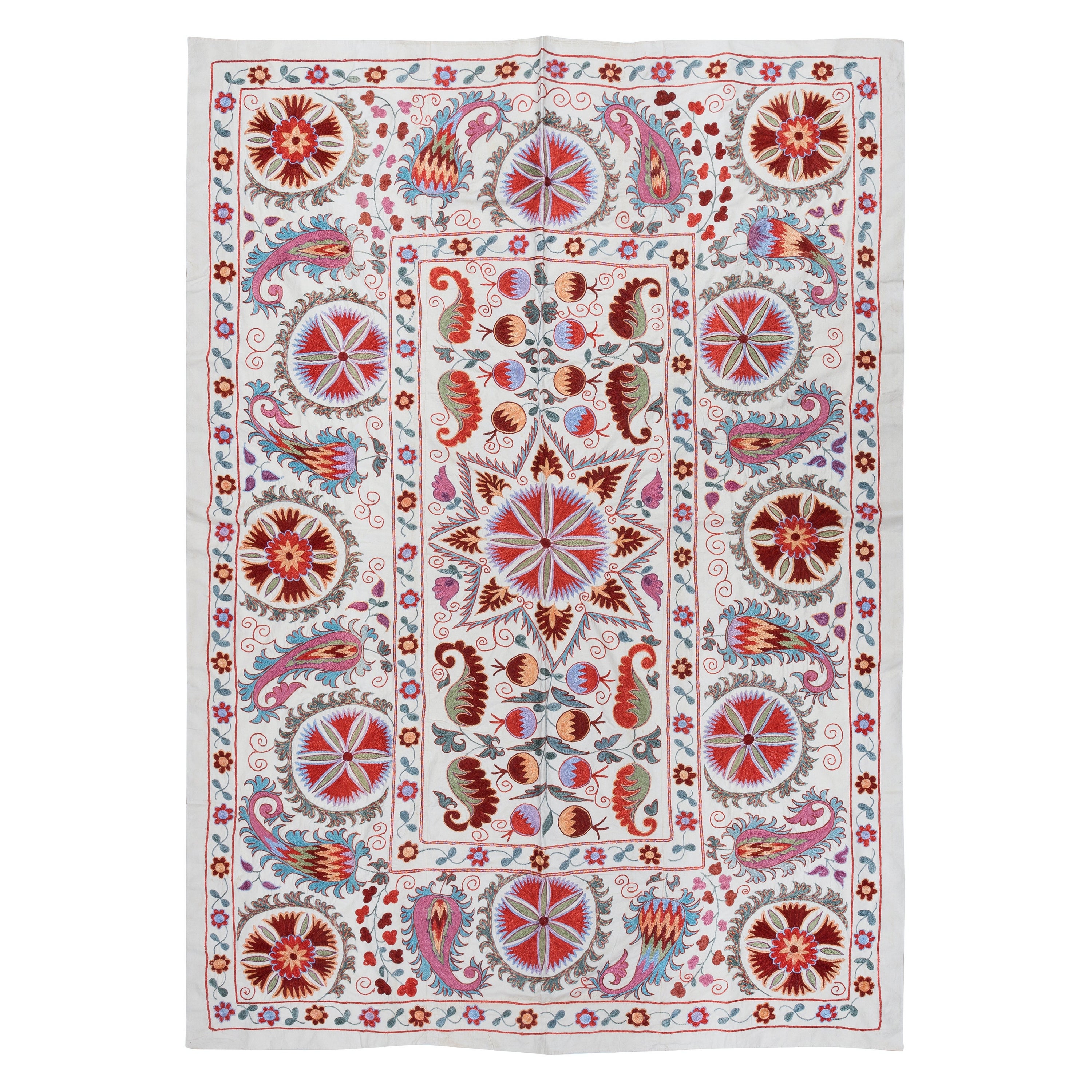 5x6.9 ft Uzbek Suzani Fabric Bed Cover, Embroidered Silk and Cotton Wall Hanging For Sale