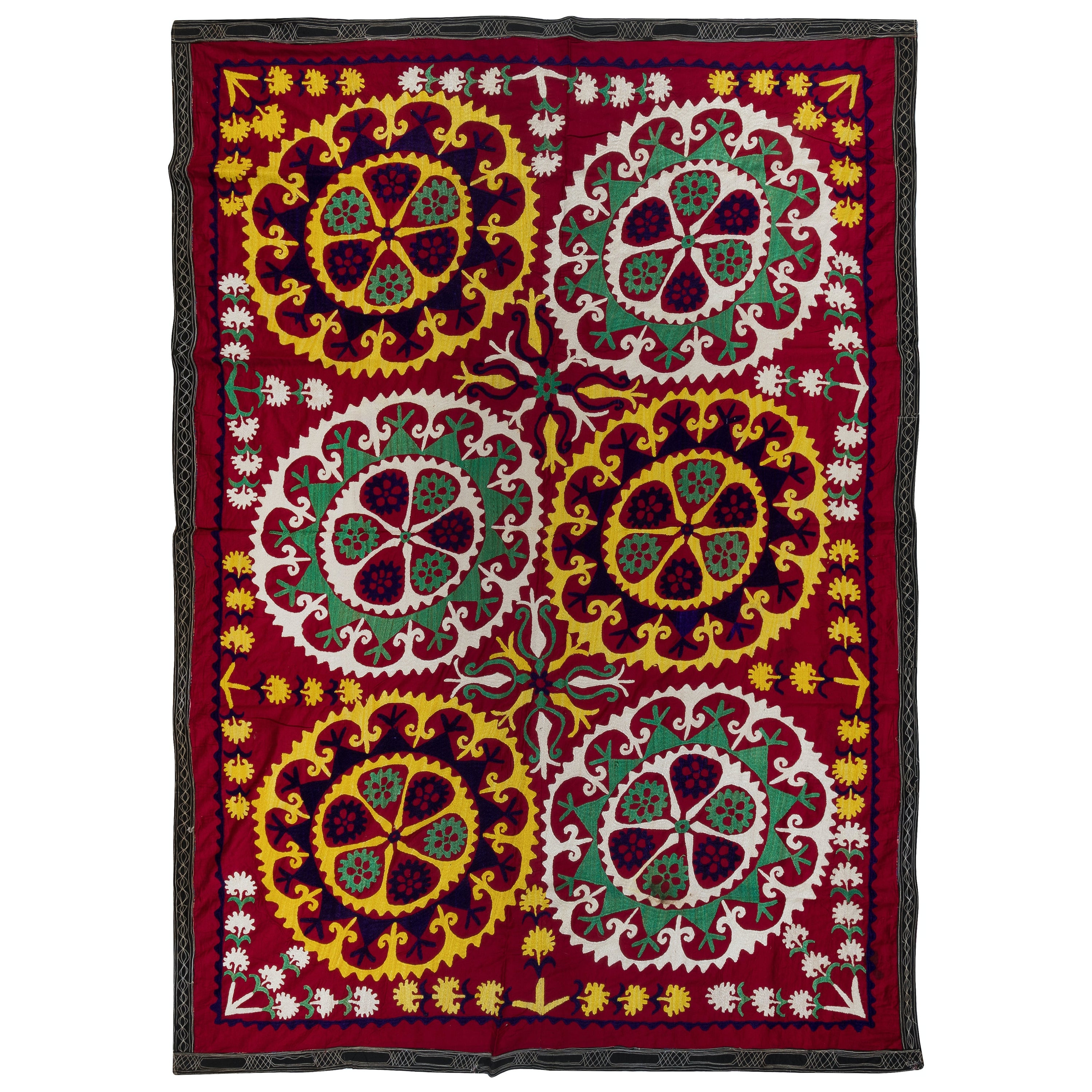 4.9x6.9 ft Silk Suzani Wall Hanging. Hand Embroidered Tapestry. Red Wall Decor