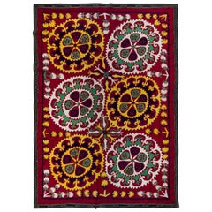 4.9x6.9 ft Silk Suzani Wall Hanging. Hand Embroidered Tapestry. Red Wall Decor