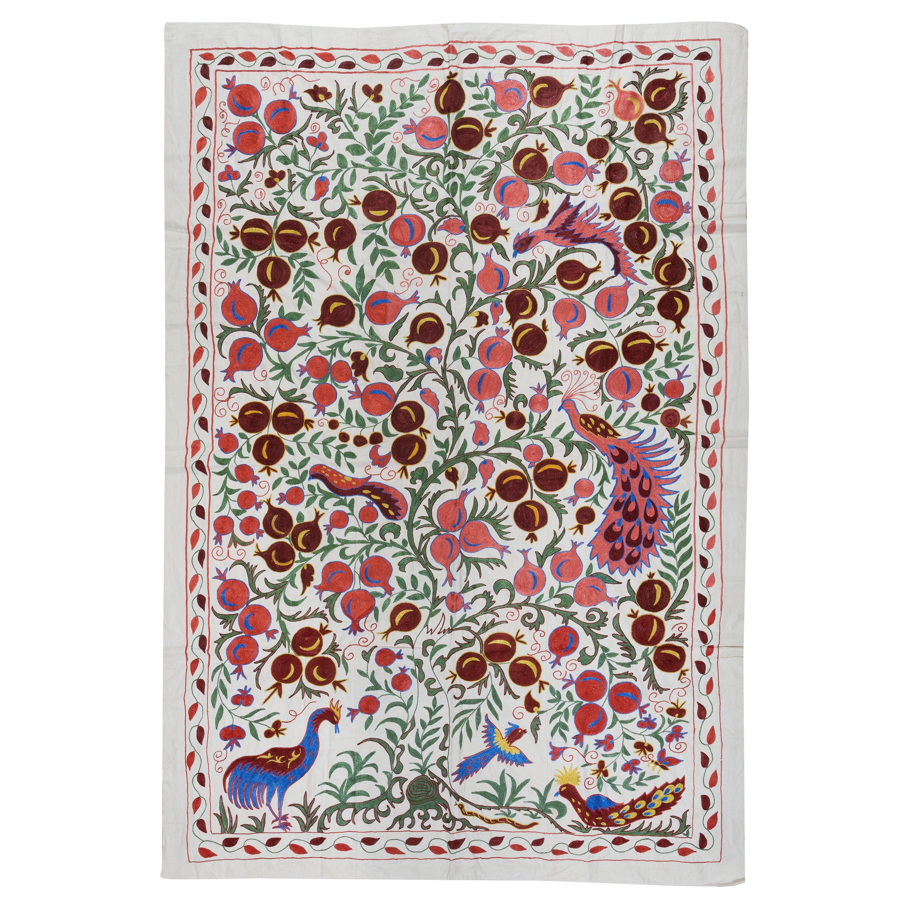 4.9x7 ft Pomegranate Tree Design Crochet Wall Hanging, Silk Embroidery Bedspread For Sale