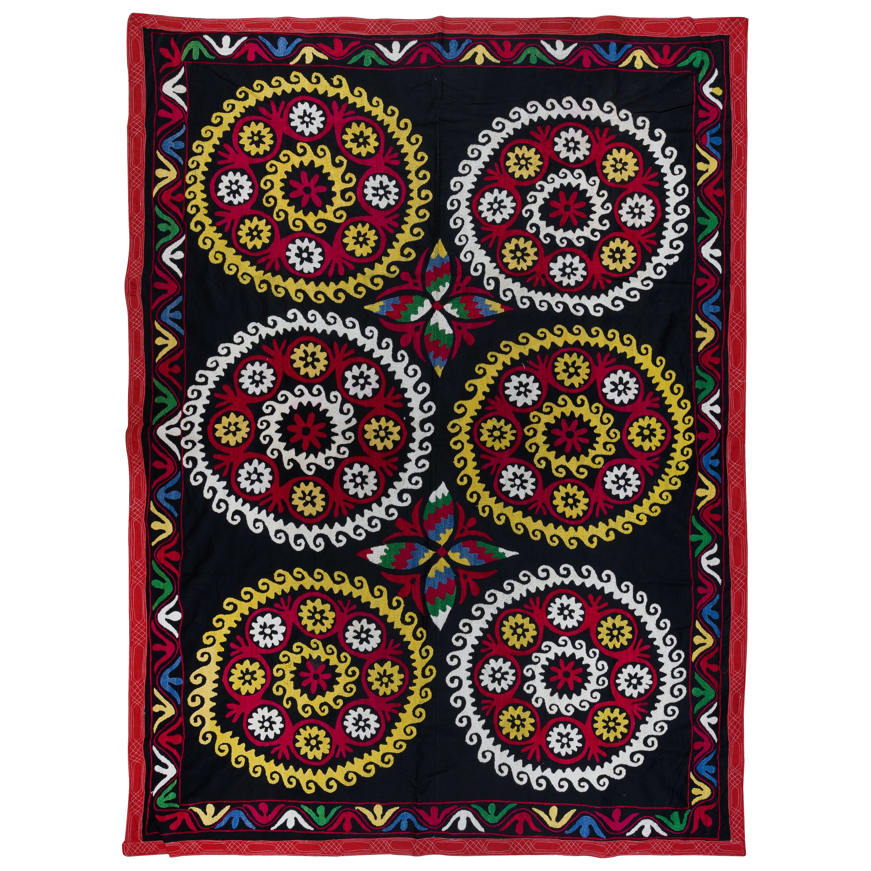 5x6.6 ft Colorful Silk Hand Embroidery Wall Hanging, Old Suzani Fabric Bedspread For Sale