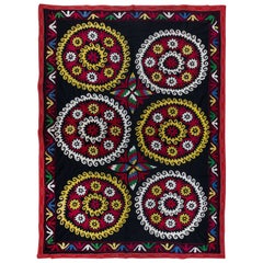 Vintage 5x6.6 ft Colorful Silk Hand Embroidery Wall Hanging, Old Suzani Fabric Bedspread