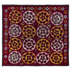 6.3x6.8 ft Vintage Silk Embroidery Wall Hanging, Old Suzani Bedspread in Red