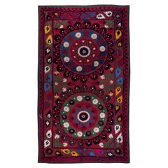 4.7x8.2 ft Retro Silk Embroidered Wall Hanging, Red Handmade Suzani Bed Cover
