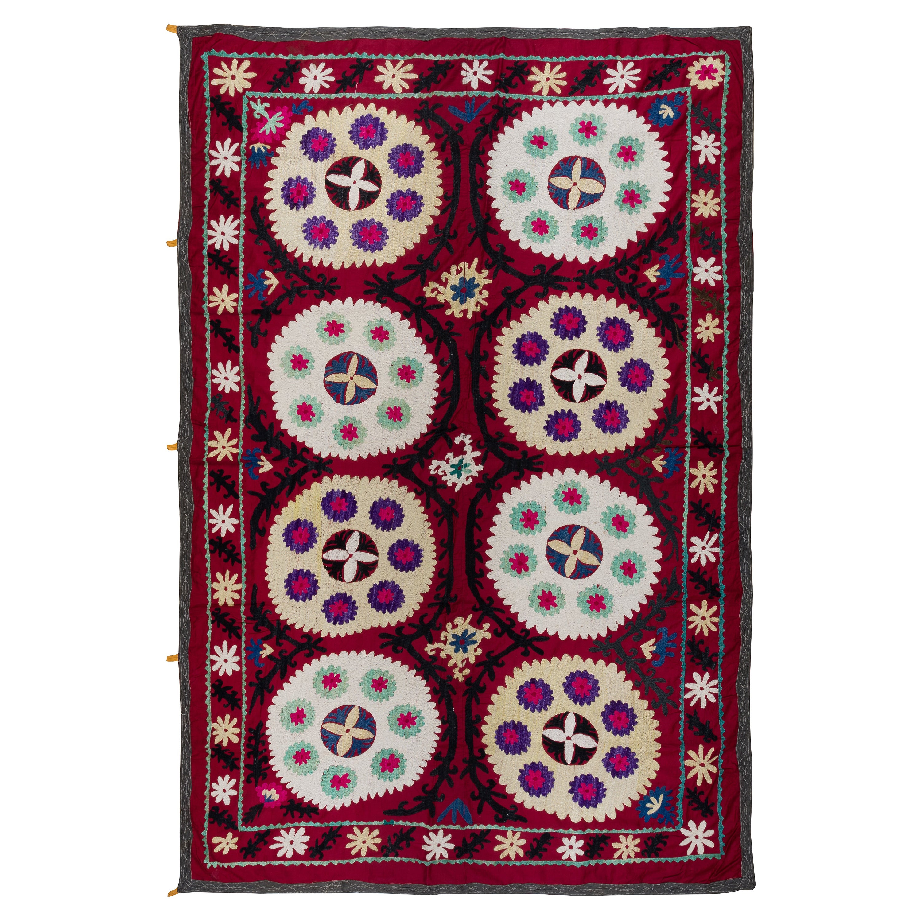 4.6x7 ft Broderie murale en soie, couvre-lit Suzani, ancienne nappe en rouge en vente