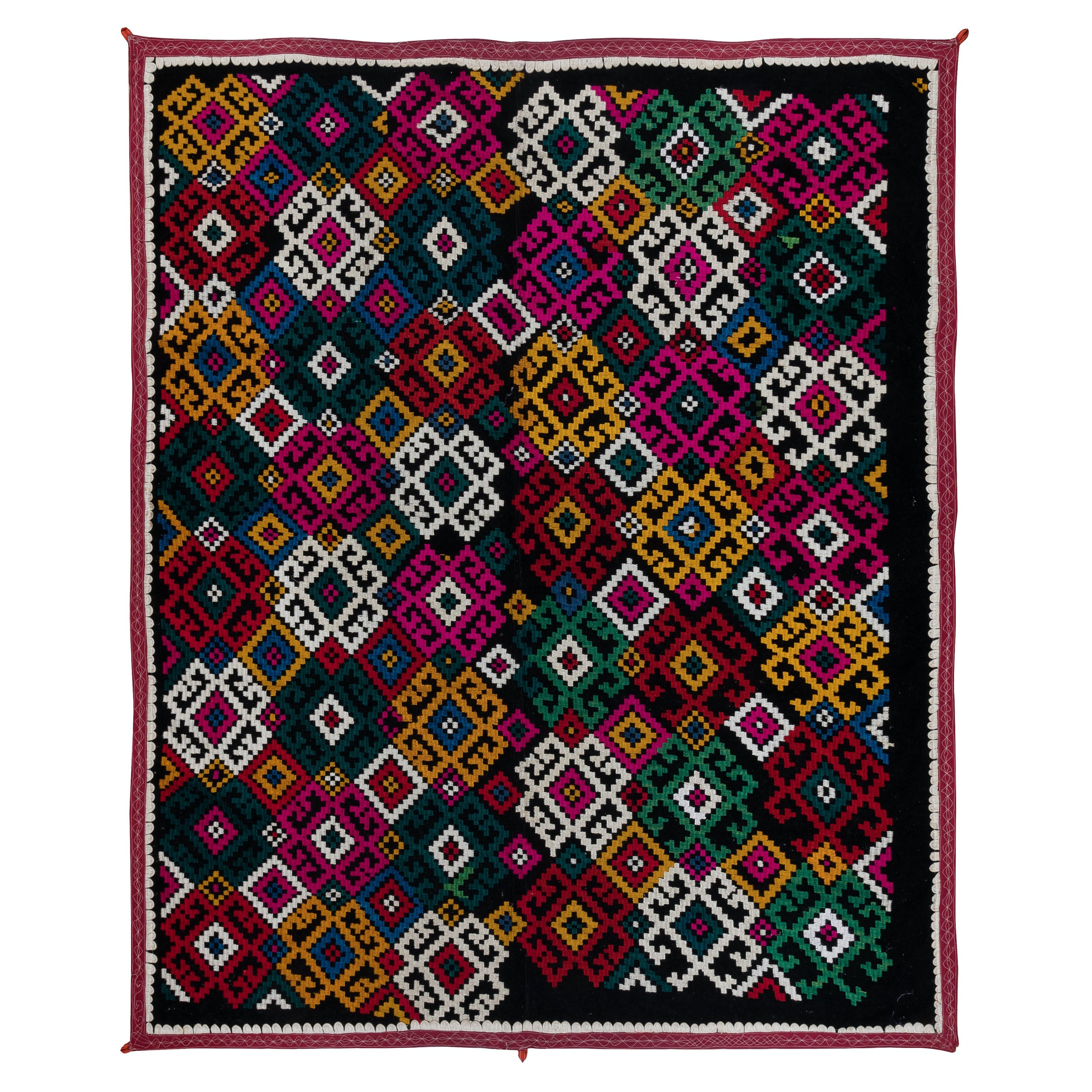 5x6.2 ft Silk Hand Embroidered Wall Hanging, Vintage Colorful Suzani Bed Cover For Sale