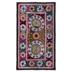 5x8.7 ft Silk Hand Embroidered Wall Hanging, Retro Colorful Suzani Bed Cover