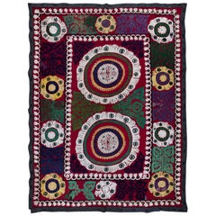 5.7x7.6 ft Used Silk Embroidery Wall Hanging, Colorful Uzbek Suzani Bed Cover