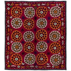 5.9x6.6 ft Unique Silk Suzani Wall Hanging, Retro Embroidered Red Bed Cover