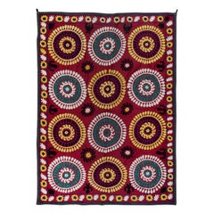 4.7x6.4 ft Retro Silk Embroidery Wall Hanging, Red Uzbek Suzani Bed Cover
