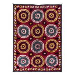 4.7x6.4 ft Broderie murale en soie vintage, rouge Uzbek Suzani Bed Cover