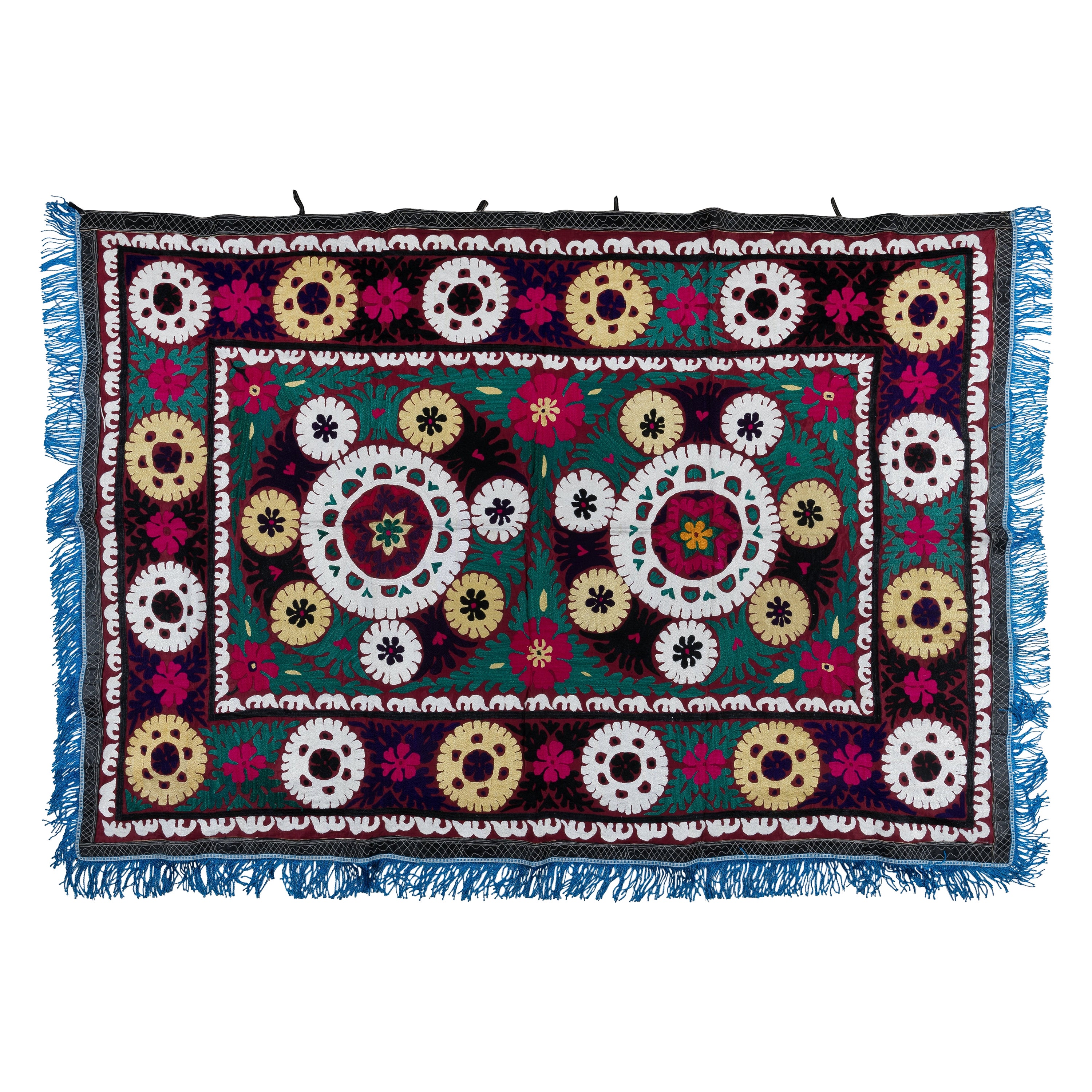 4,7x6.7 ft Suzani Textil-Seidenstickerei-Wandbehang aus Seide, farbenfroher usschiger bedspread im Angebot
