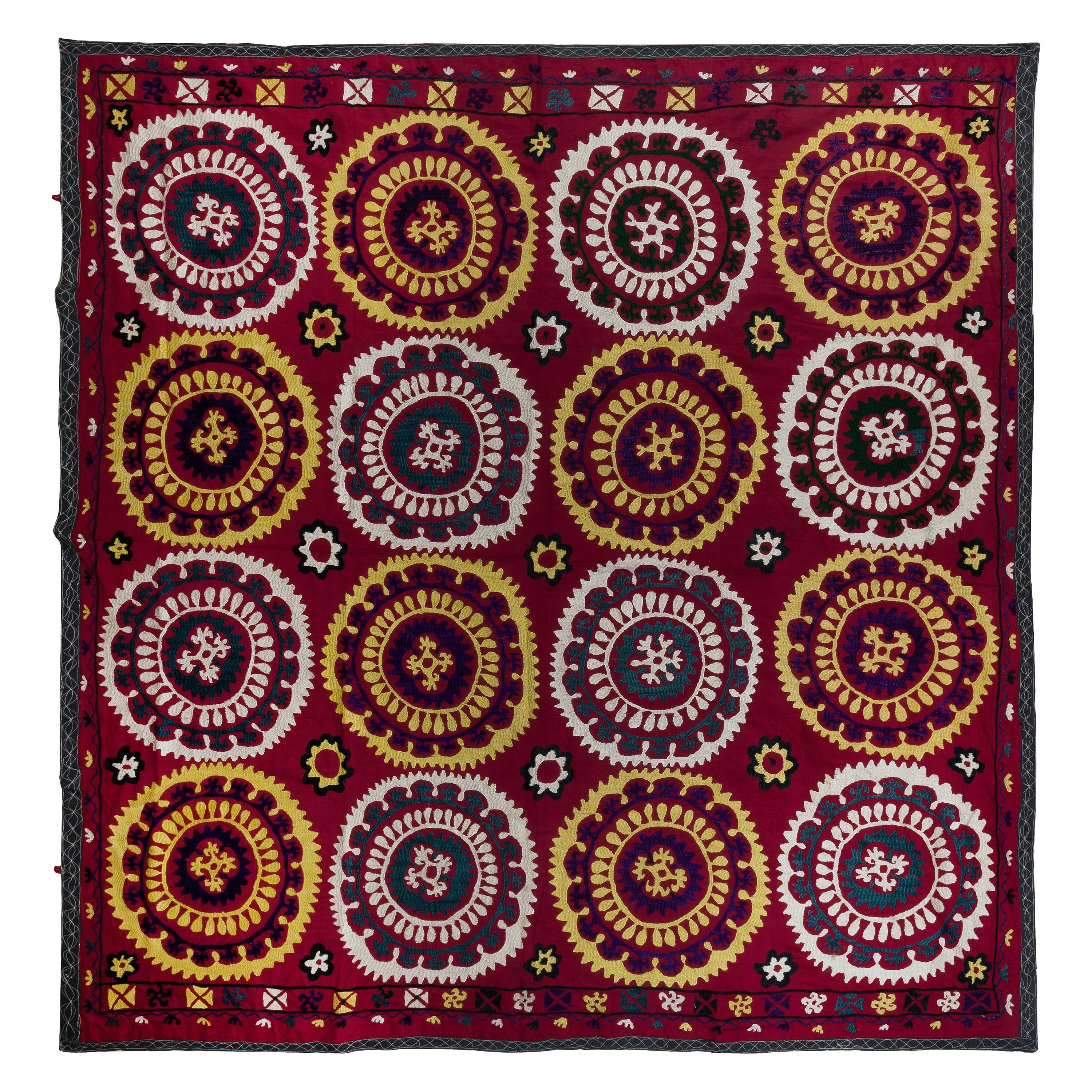 6.5x6.8 ft Silk Embroidery Suzani Wall Hanging, Uzbek Bedspread, Red Tablecloth For Sale