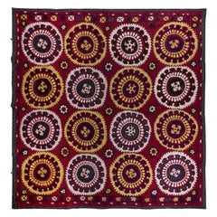 6.5x6.8 ft Seidenstickerei Suzani Wandbehang, usbekische Tagesdecke, rote Tischdecke