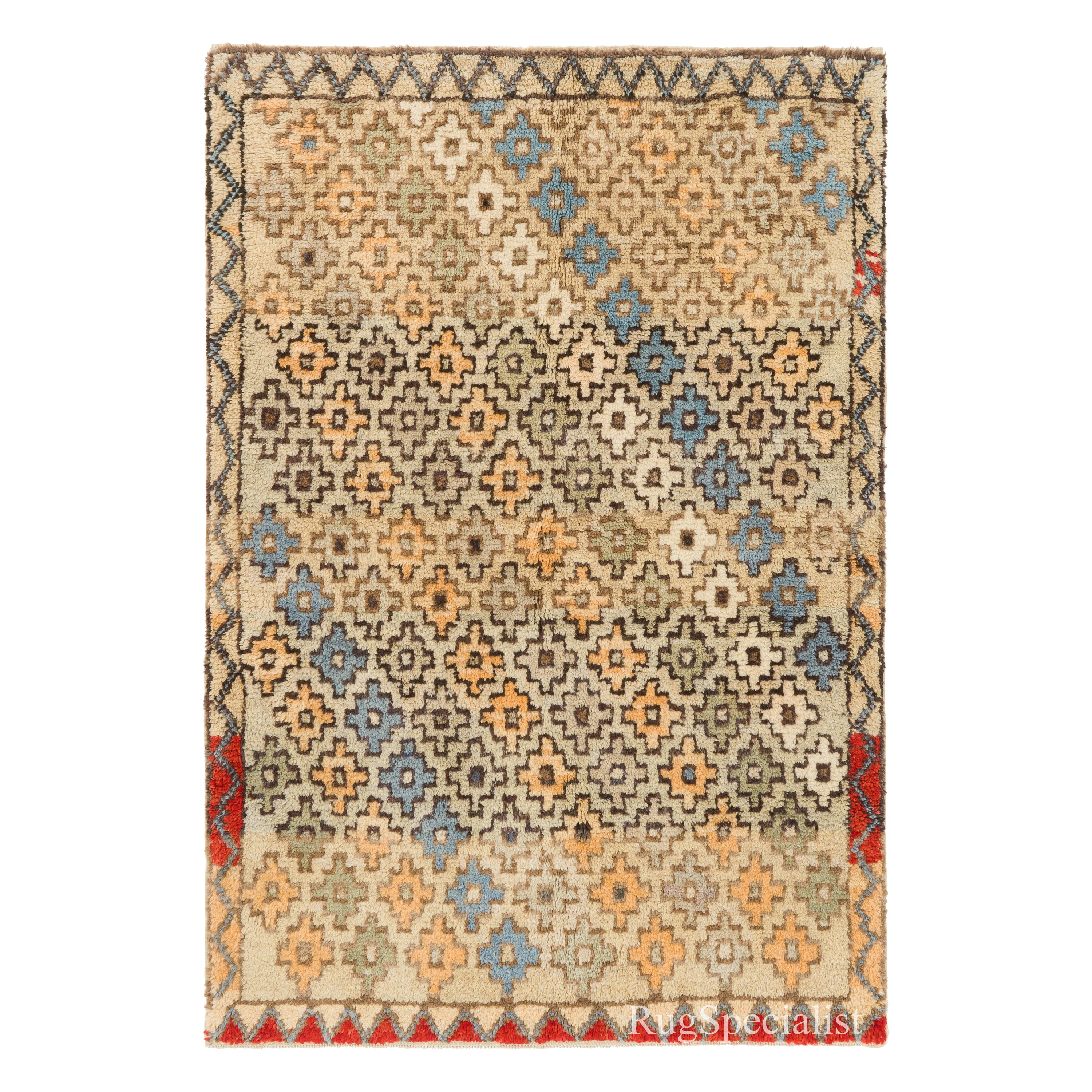 Hand Knotted Tulu Rug in Muted Colors with Overall Stylized Floral Heads Pattern