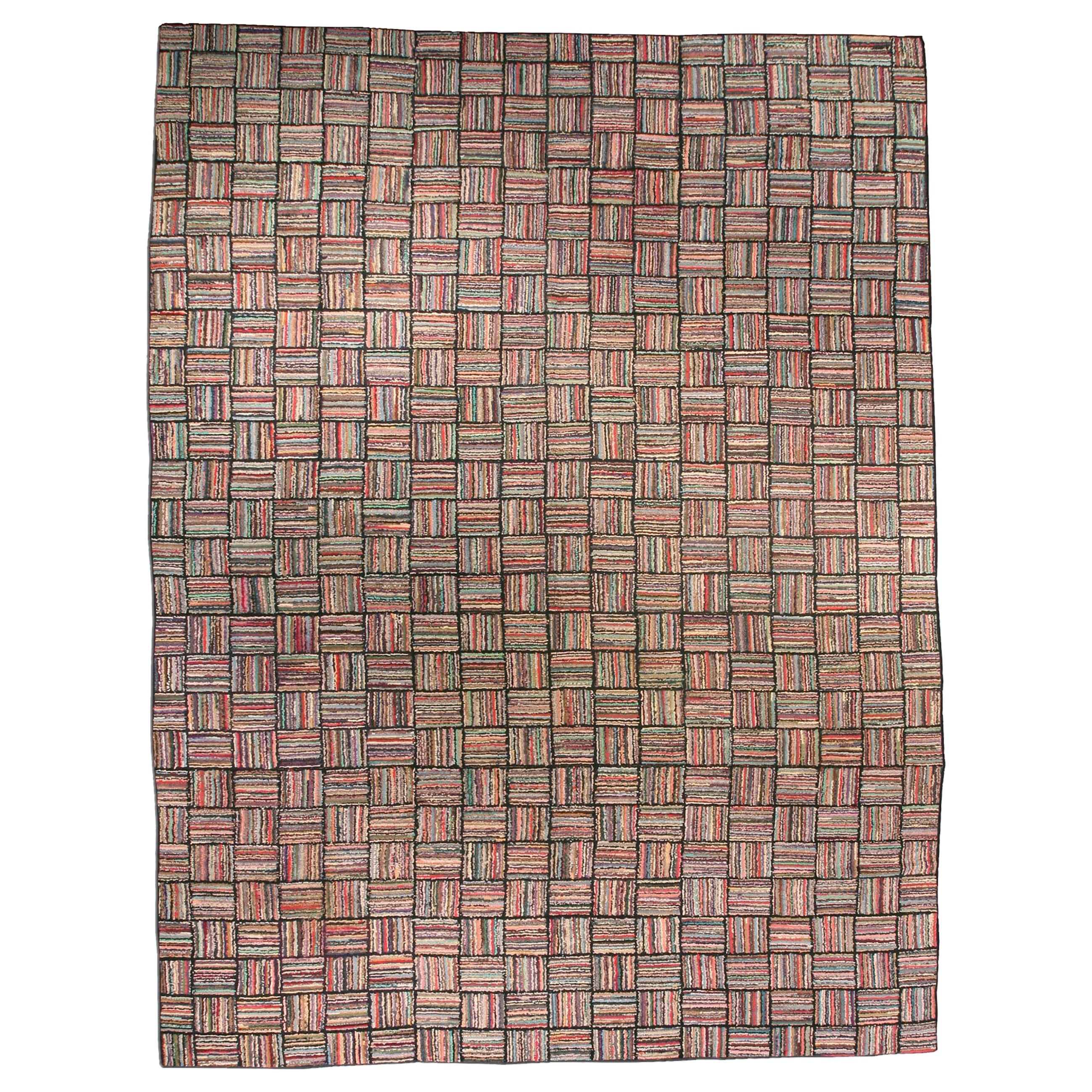 Mid-20th century Striped American Hooked Tile Rug For Sale