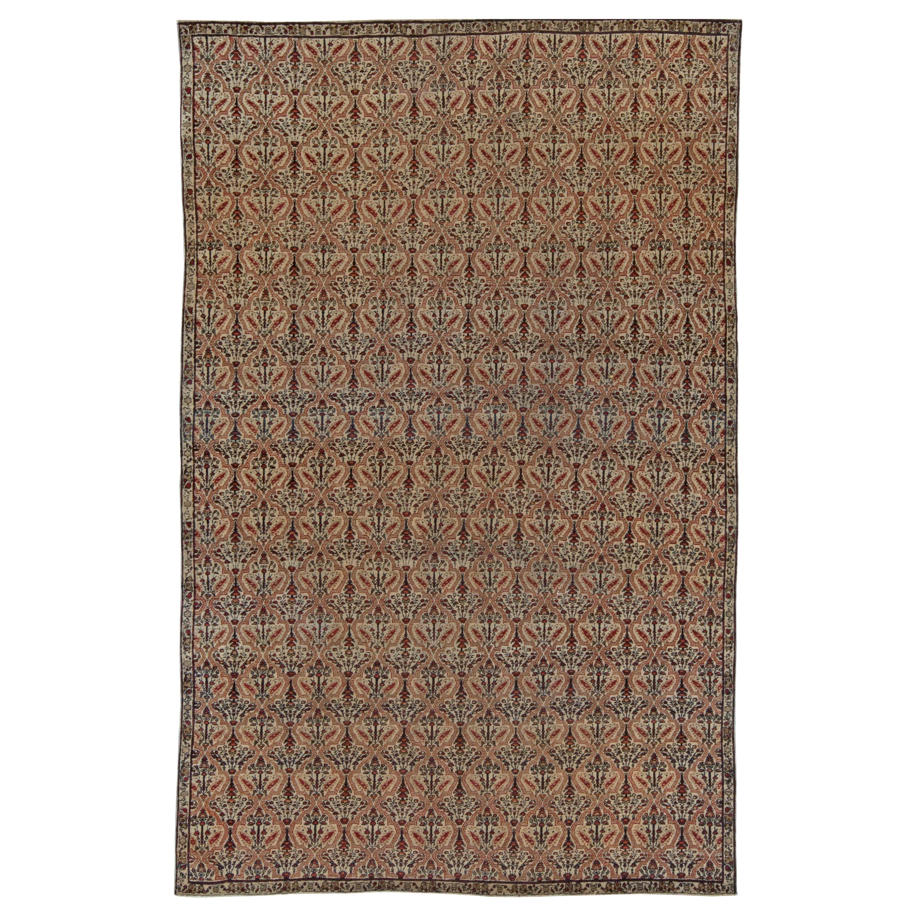 19th Century Persian Kirman Botanic Red, Green and Beige Handwoven Wool Rug For Sale