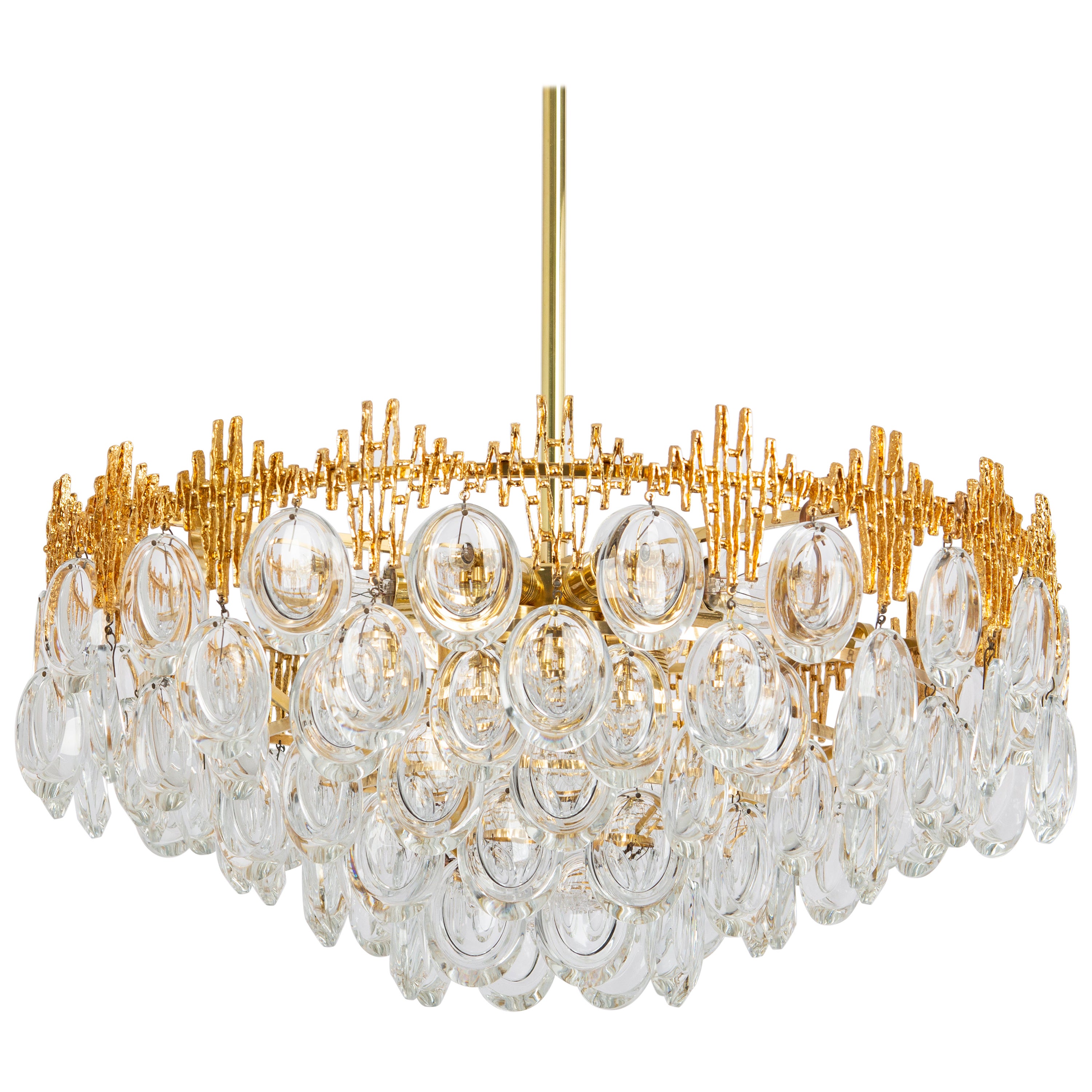 Stunning Large Brass and Crystal Chandelier, by Palwa, Germany, 1970s For Sale