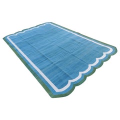 Handgefertigter Flachgewebe-Teppich aus Baumwolle, Teal Blau & Grün mit Wellenschliff, indischer Dhurrie