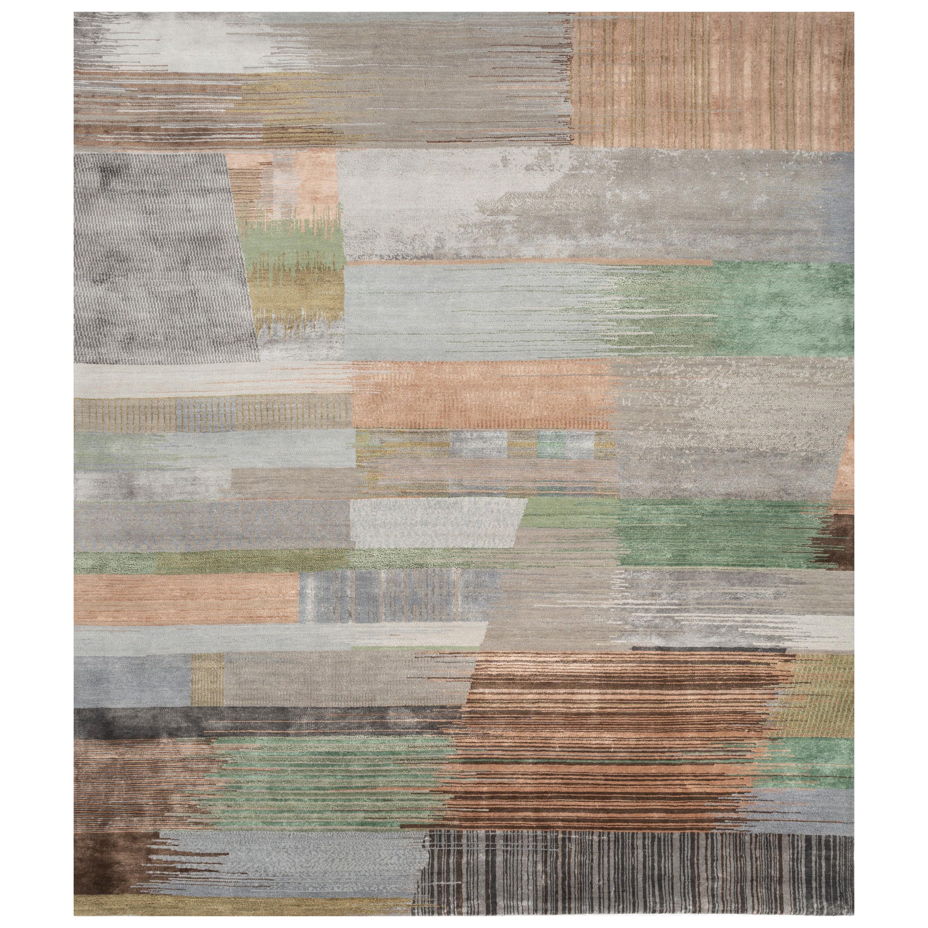 Abstract Maze Nickel & Granite Green 240X300 cm Handknotted Rug For Sale