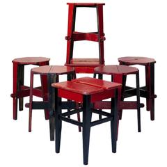 Set of Seven Painted Stools, France, circa 1950s