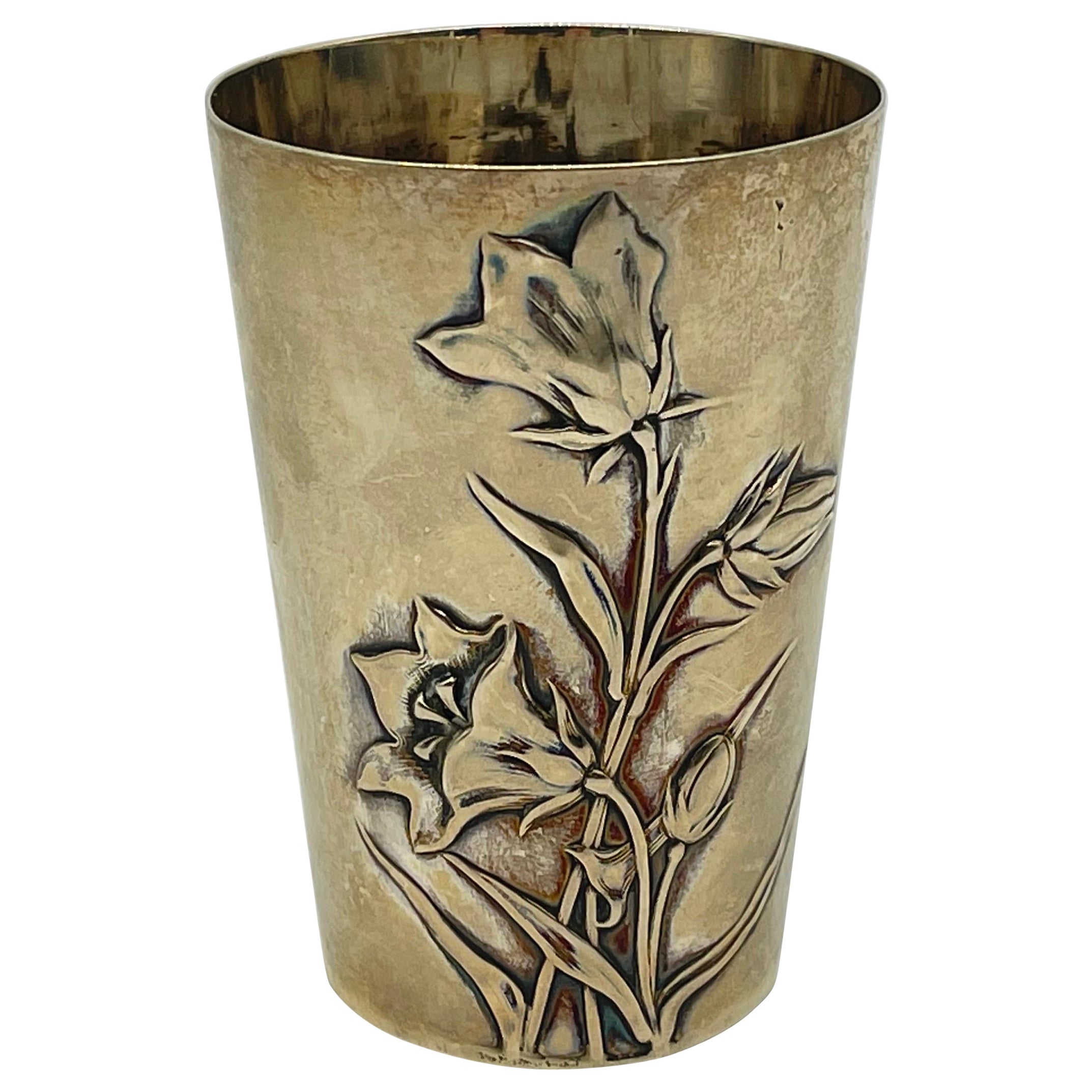 Antique Mug Art Nouveau Flowers 800 Silver - gilded / Cup Gebrüder Kühn Germany For Sale