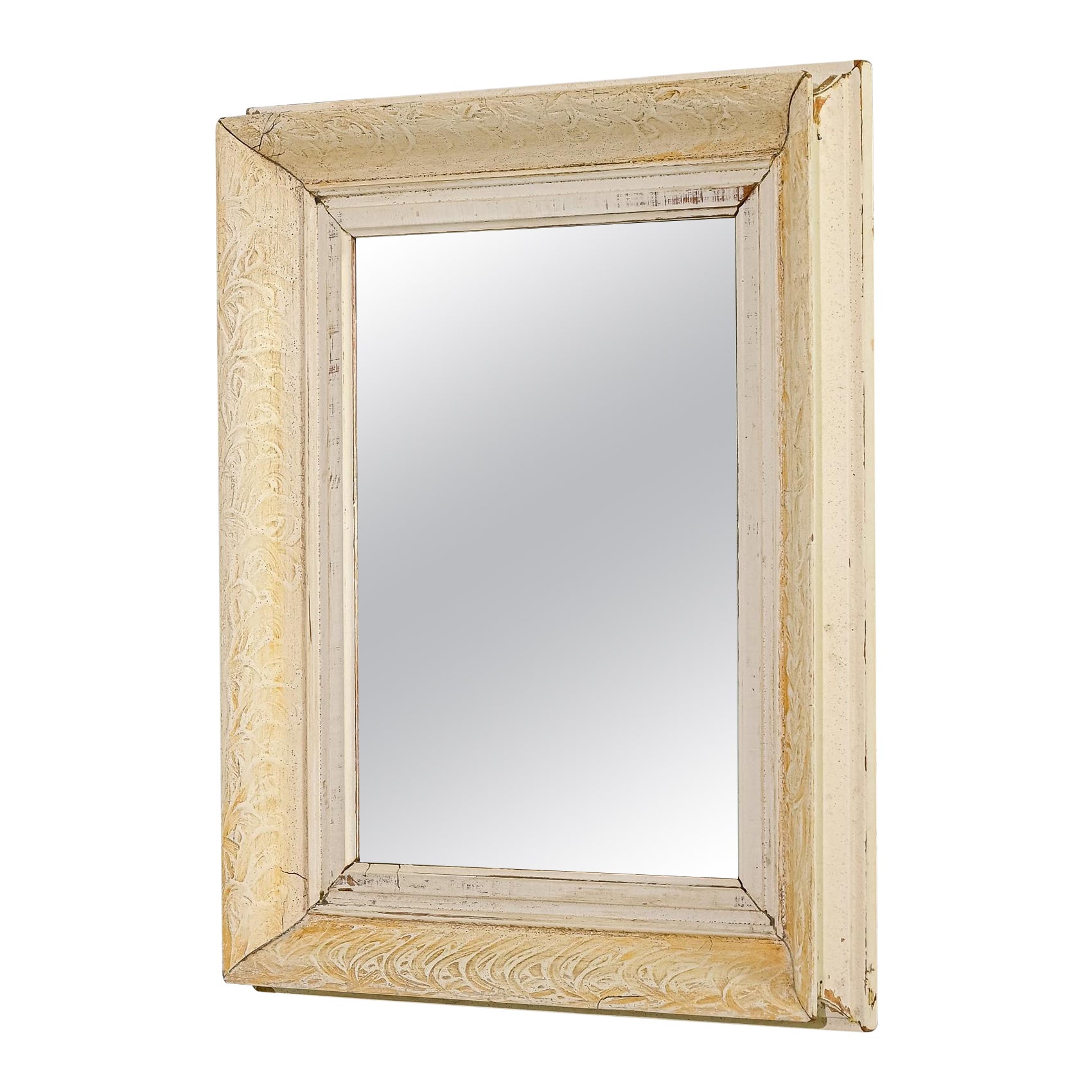 1900s French Wooden White Patinated Mirror