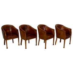 Retro Art Deco Style Dutch Cognac Leather Club Chairs, Set of Four 