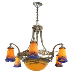 Art Deco Chandelier by Muller Freres Luneville Pate de Verre nickel plate, 1920s