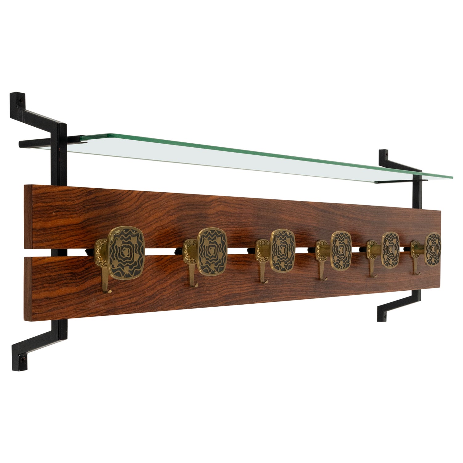 Midcentury Wood, Glass and Brass Coat Rack Herta Baller Style, Italy 1970s