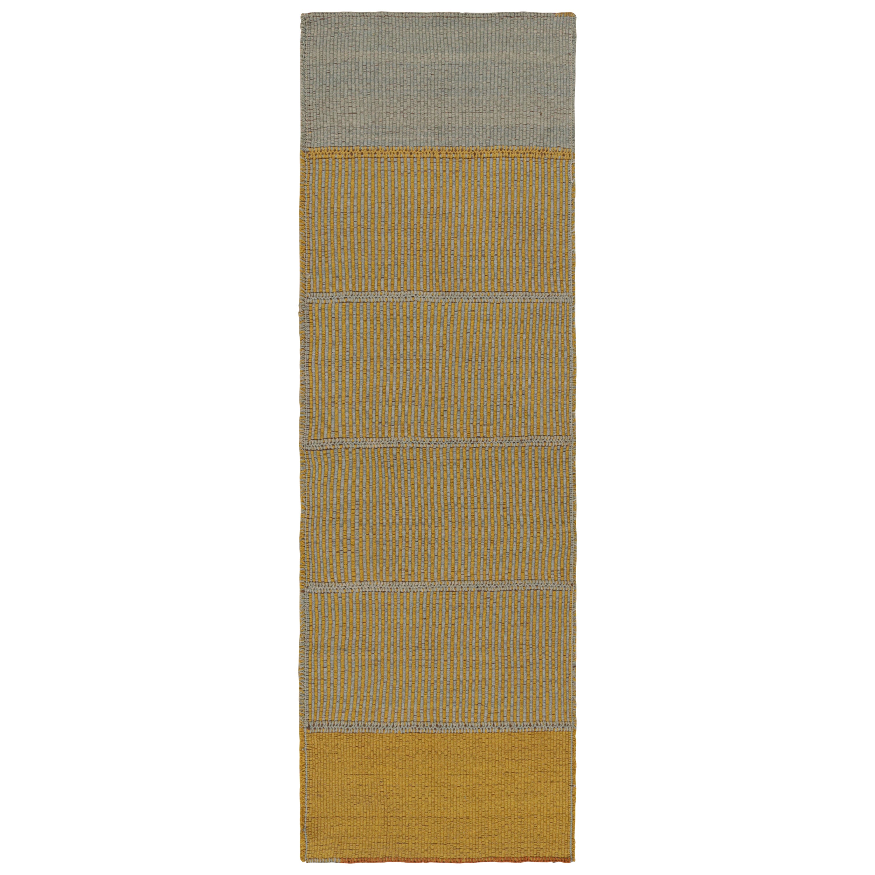 Rug & Kilim's Contemporary Kilim in Gold and Blue Stripes with Brown accents (Kilim contemporain avec des rayures or et bleues et des accents bruns) en vente