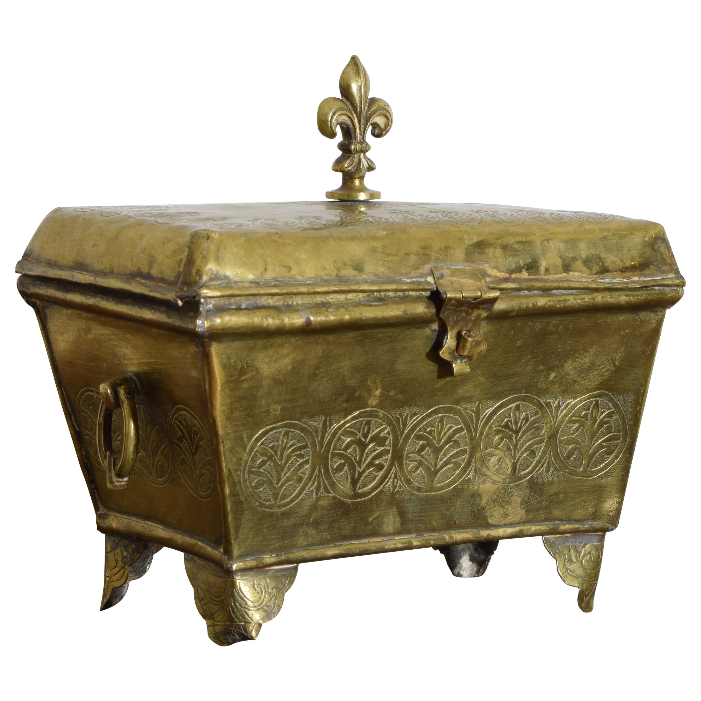 French Louis XIV Period HInged Incised Brass Keeping Box, early 18th century For Sale