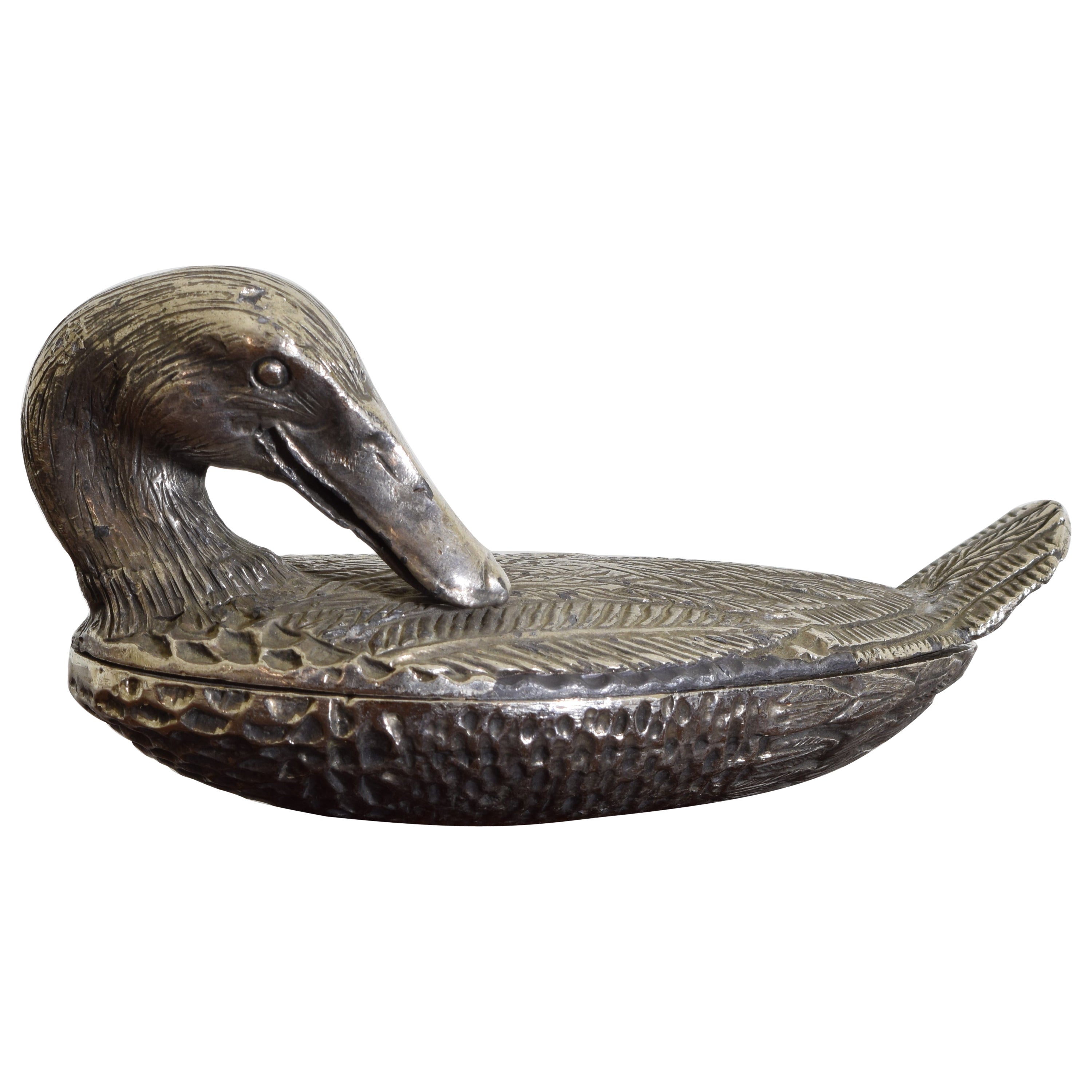 French Silvered Brass Recumbent Duck Box, early 20th century For Sale