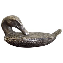 Antique French Silvered Brass Recumbent Duck Box, early 20th century
