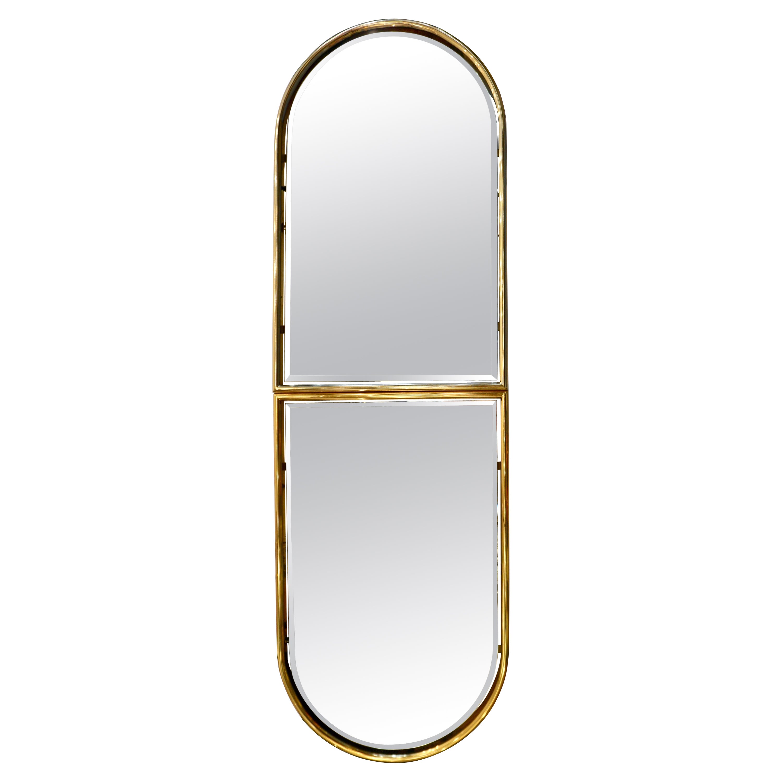1960s Italian Minimalist Brass Full Floating Mirror with Round Arched Top Frame For Sale